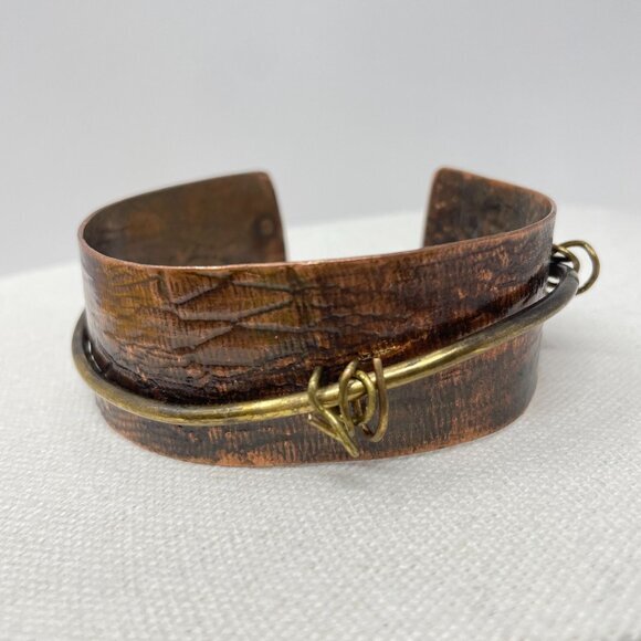 Handcrafted Adjustable Copper & Brass Cuff Bracelets Rustic Minimalist Artsy - Picture 10 of 16